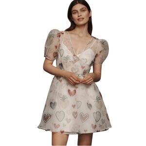FARM Rio Sheer Puff-Sleeve Dress Printed Hearts Size Medium NWT